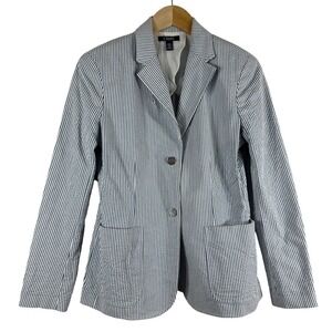 Chaps Womens Blue White Cotton Stripe Two Button Blazer Jacket Size 6 NWOT